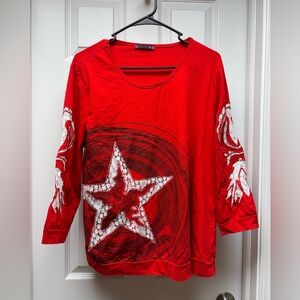 Domin Red Star Graphic Long Sleeve Top with Lace & Rhinestone Detail – Size T6